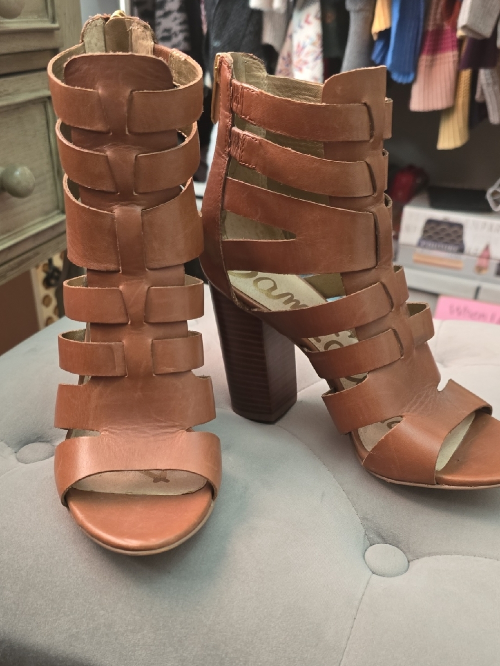Sam Edelman Tan Leather Strappy Block Heel Sandals